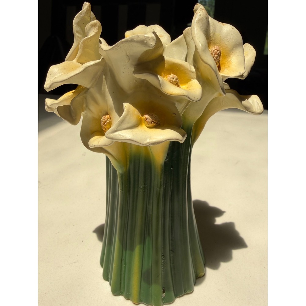 Vintage Calla Lily Ceramic Vase White Green Floral Sculpted Bouquet Decor 8 Inch